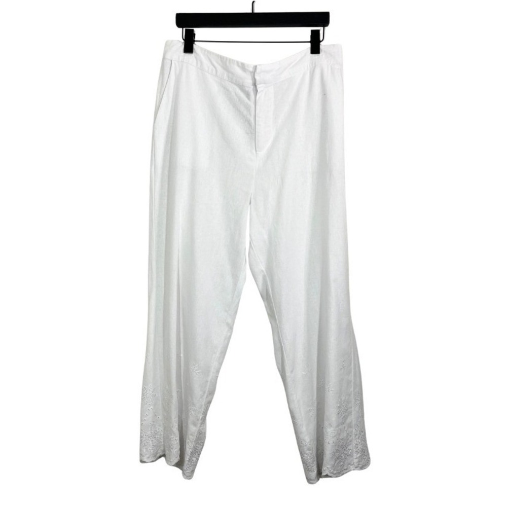 Tahari Linen Blend White Pants XL Embroidered Eyelet Wide Leg Coastal Boho